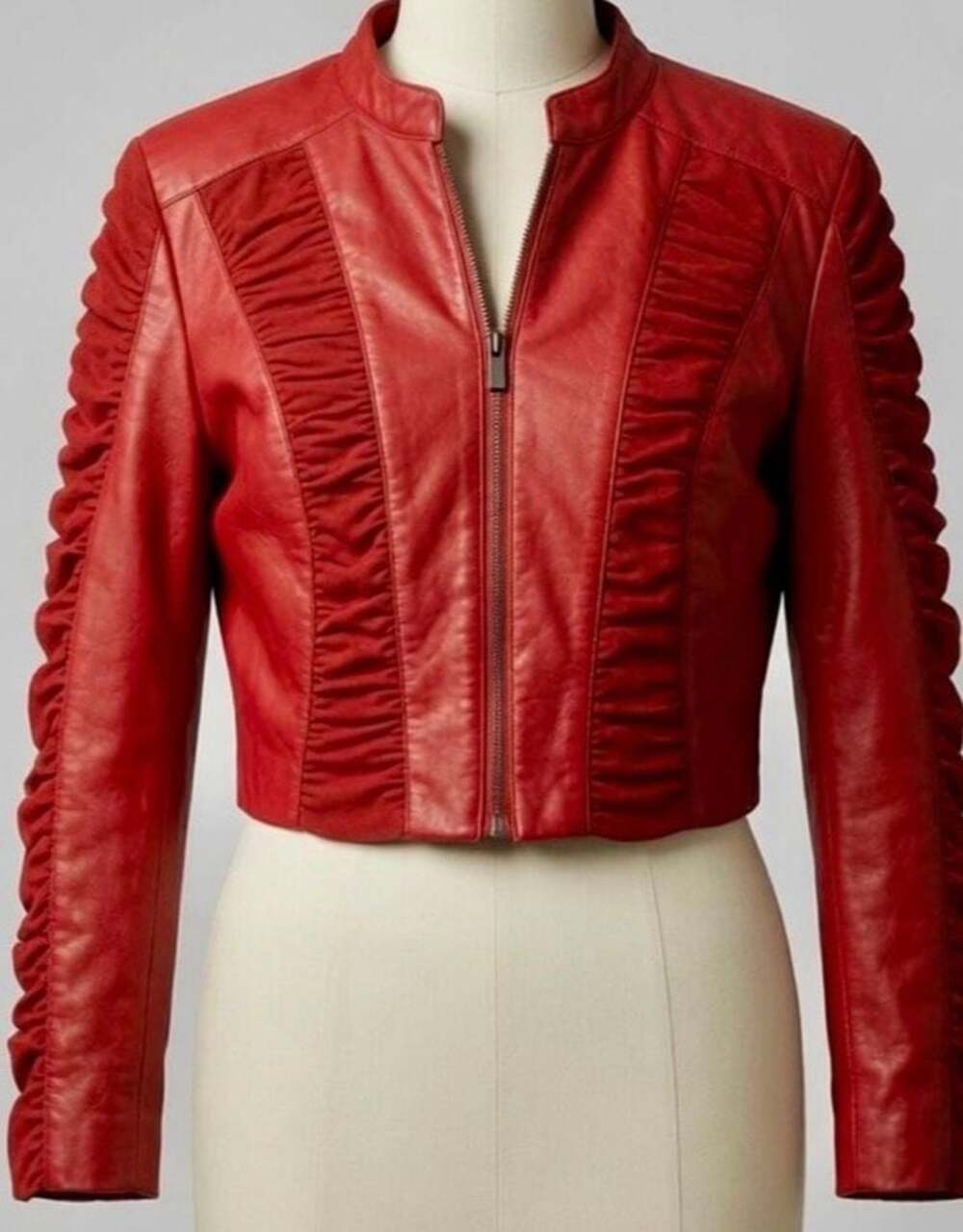 New Look Red Faux Leather Ruffled Moto Cropped Jacket